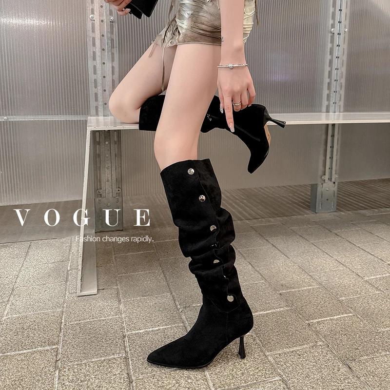 

Fashion Autumn Winter Women Knee-high Boots 22-25cm Stretch Flannel Pointed Toe Side Zipper Rivet High Heel Pile Up Boots Long Boots 35