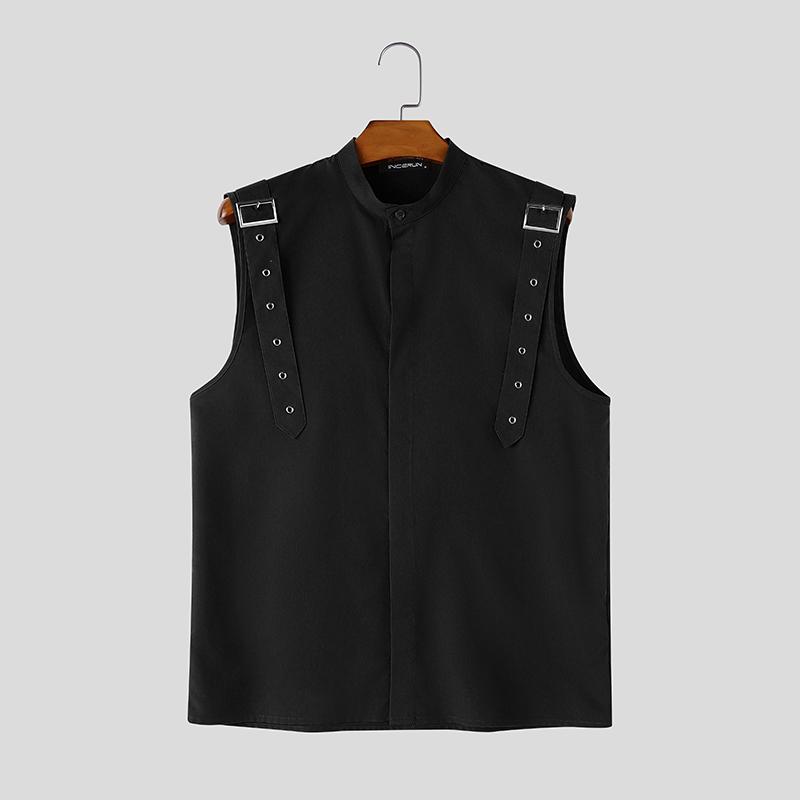 INCERUN Oversized Men Stand Neck Sleeveless Buttons Casual Loose Tank Tops