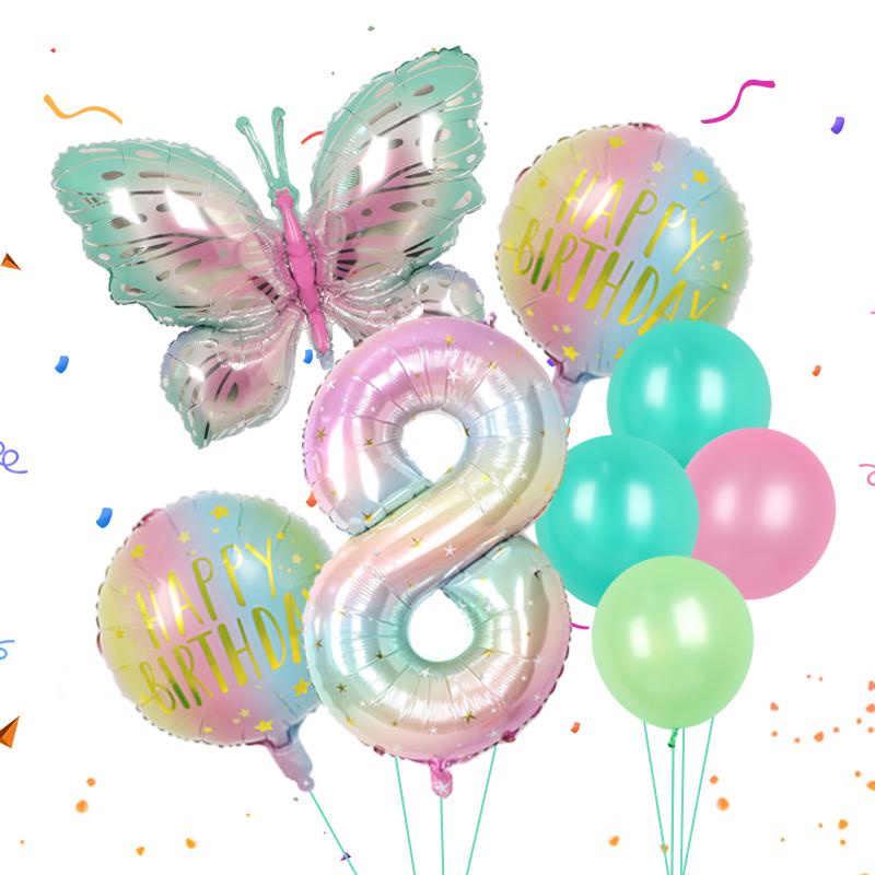8pcs Butterfly Balloon Set 40inch Gradient Colorful Number 1-9 Foil Balloon Fairy Birthday Party Decoration Baby Shower Supplies