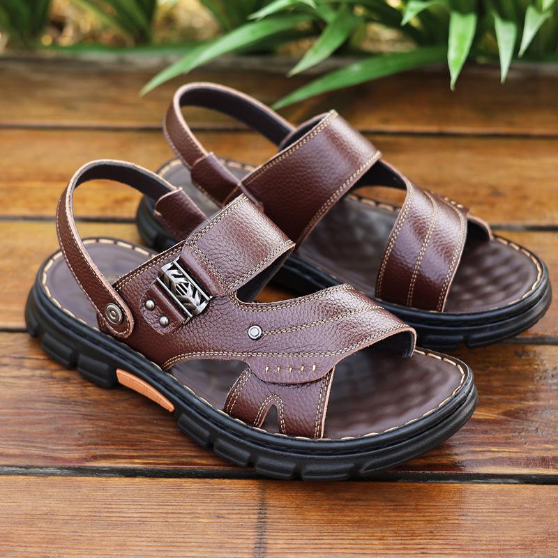 Men's sandals summer new cool slippers men's cowhide thick-soled non-slip middle-aged dual-purpose beach shoes