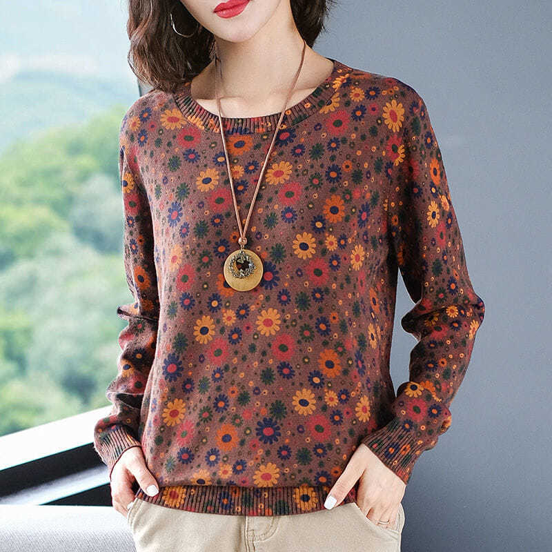Casual Vintage Floral Printed Jumpers Women's Clothing O-Neck Autumn Winter Stylish Screw Thread Korean Loose Knitted Sweaters