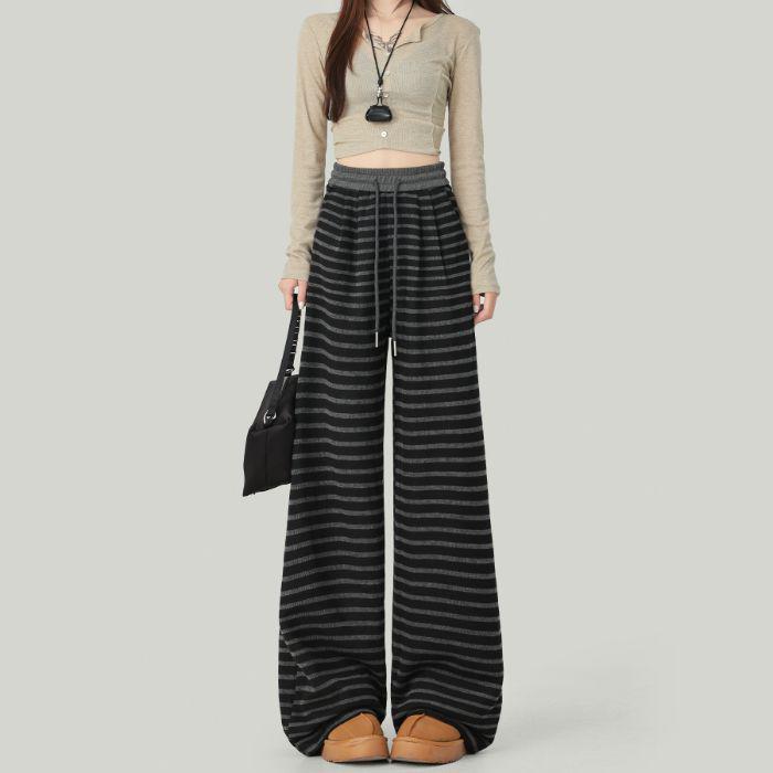 Korean Style Black & Grey Striped Wide-Leg Pants: High Waist, Plus Velvet, Slimming, Petite Fit, Casual Autumn/Winter Wear. XL