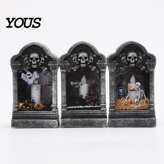 Table Bookshelf Decoration Tombstone Candle Lantern, LED Lighted Spooky Graveyard Lamp, Halloween Haunted House Props Small Night Light for