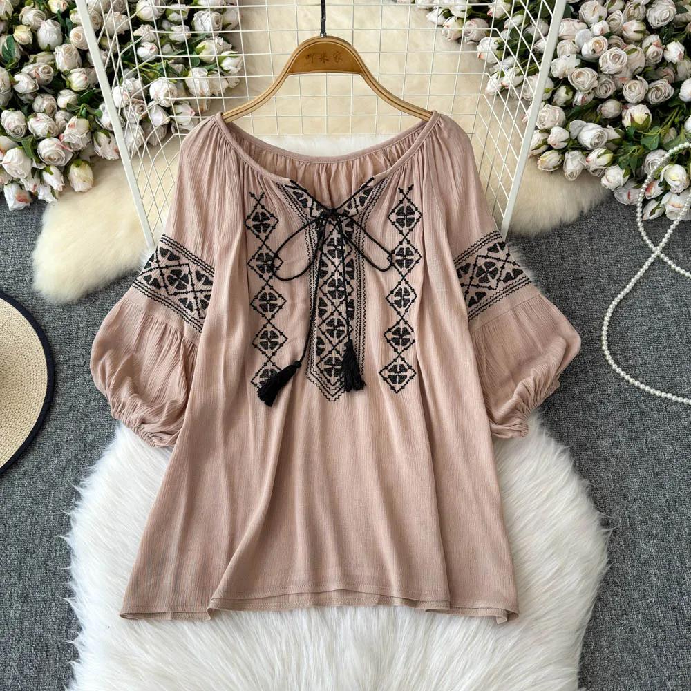 

Повседневная Свободная Винтажная Этнический Стиль Тяжелые Рубашки Вышивка Шнуровка Французский Стиль Кроп-Топ Принт Кисточки Литературные Блузки One Size хаки