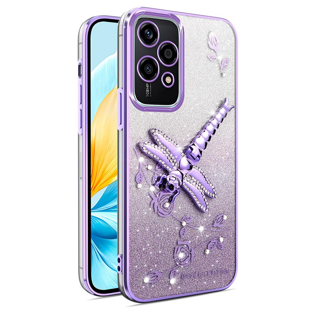 For Honor 200 Lite Case Dragonfly Kickstand TPU Flowers Glitter Phone Cover