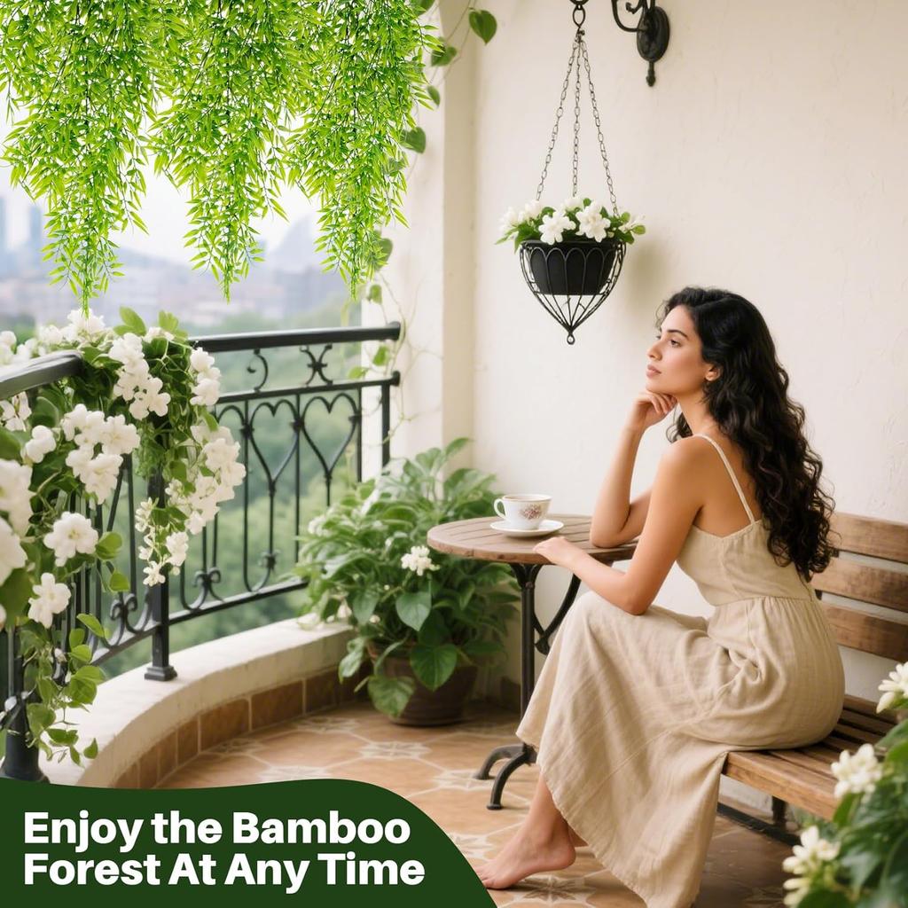 2PCS Fake Hanging Plants - Lifelike Artificial Bamboo Plants Outdoor, Fake Bamboo Leaves Plant for Study Yoga Living Room Patio Porch Stair Wedding