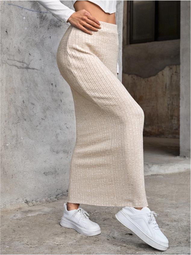 European & American Autumn Casual High-Waisted Hip-Hugging Knitted Midi Skirt for Women