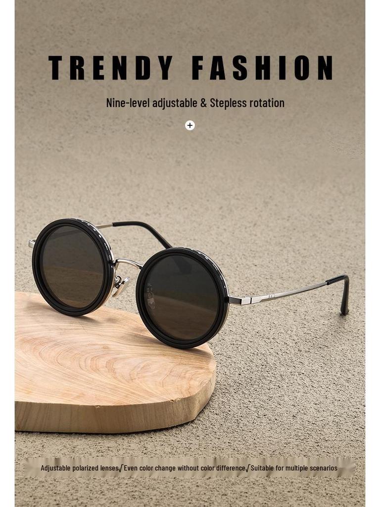 Nastavitelné polarizované sluneční brýle: Unisex Punkový Styl, Lehký Kulatý Rám, Redukce Světla s Otočným Filtrem Úrovně ND9