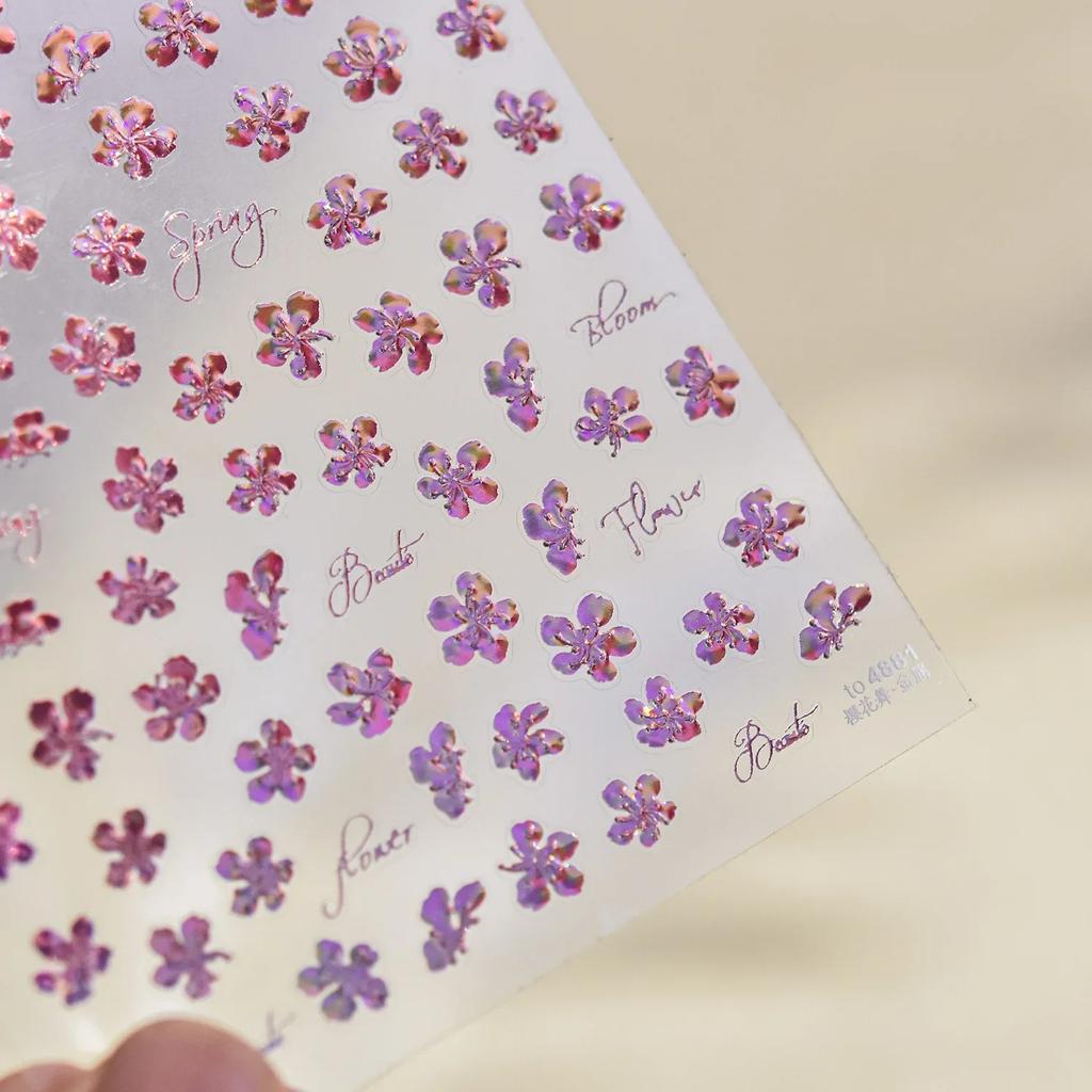 Cherry Blossom Pink Flower Sakura Spring 5D Nail Art Sticker Gold Stamping Soft Adhesive Relief Adhesive Chic Manicure Decals