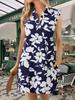 Women's Boho Floral Shirt Dress V Neck Collar Cap Sleeve Loose Dress with Pockets
