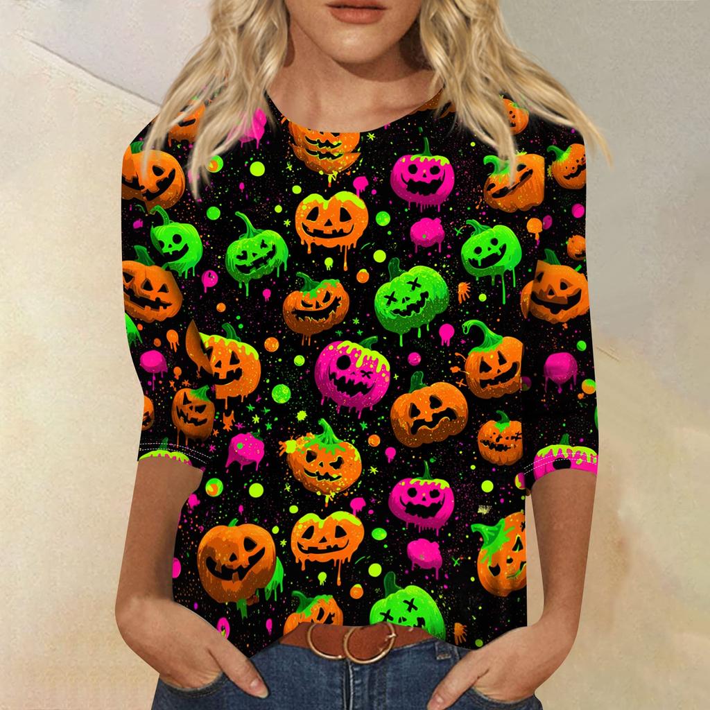 Women's Halloween Print Shirt 3/4 Sleeve Round Neck Loose Fit Casual Blouse Top Comfortable Everyday Wear