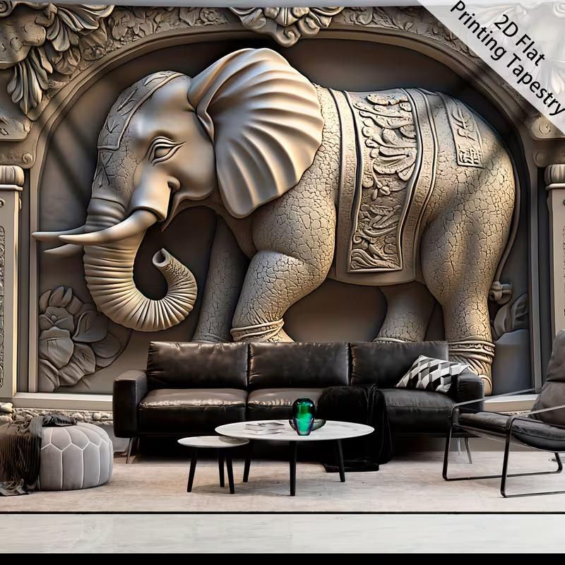 2D Boho Elephant Tapestry, Ornate Sculpture Style Wall Hanging 47.2x31.5inch/120*80cm