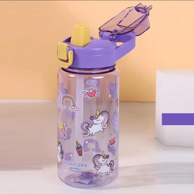 600ml Cute Water Bottle with Silicone Straw Leakproof Dinosaur Rabbit Design Portable Outdoor Sports Drinkware for School Travel