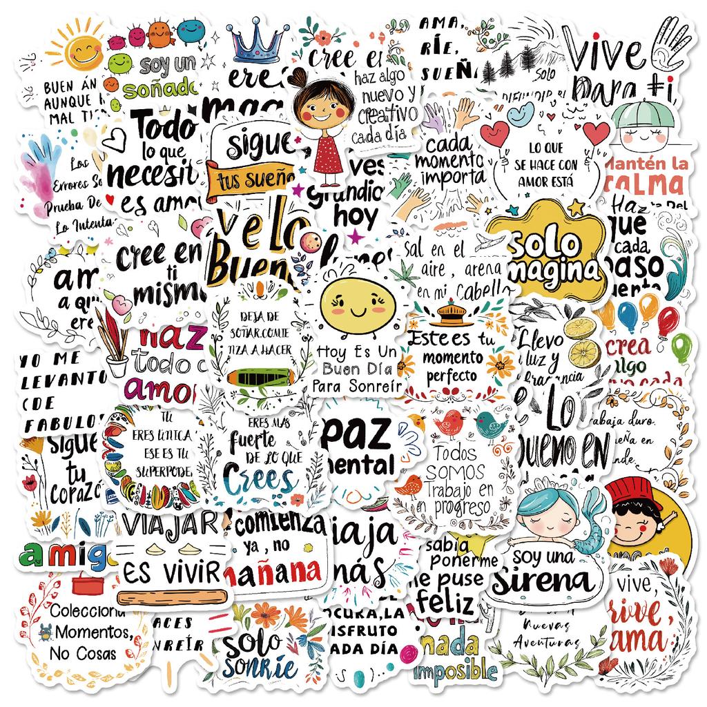 50 Non-Repeating Colored Spanish Inspirational Short Sentences Text Graffiti Stickers Personalized Decorative Stickers