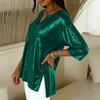 Women's Large Size T-shirt Spring and Summer Seven Quarter Sleeve Shiny Loose Casual Female T-shirt Fashion V-neck Solid Color Office Ladies Tee Tops