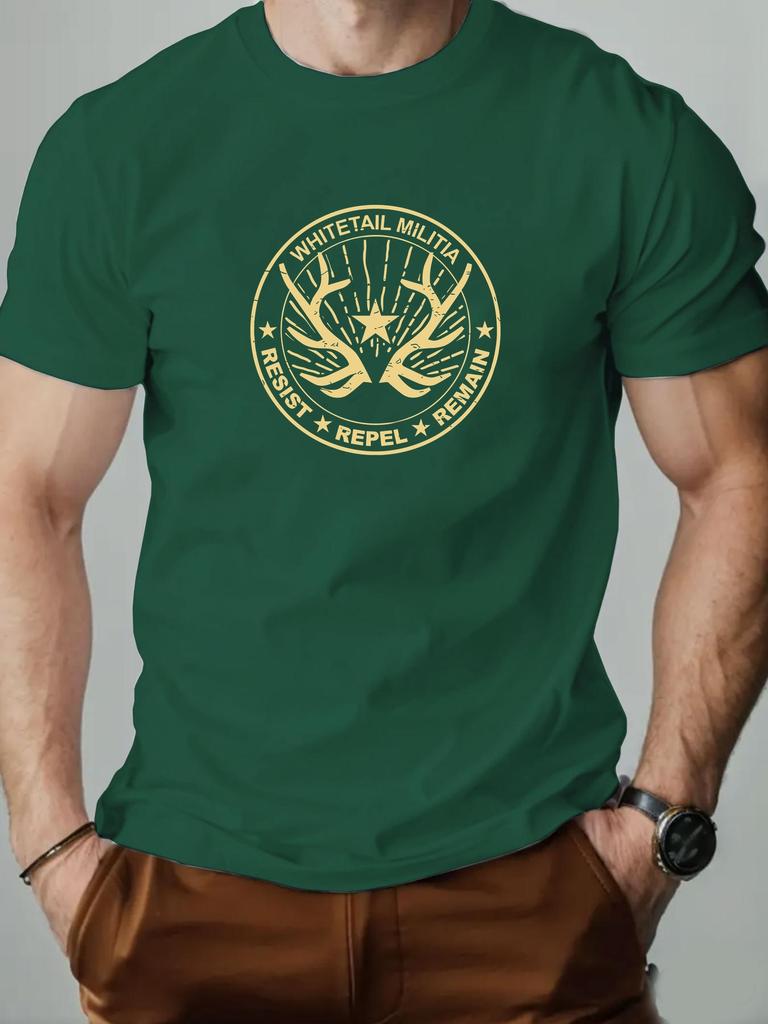 Mens cotton Tshirt whitetailed militia summer round neck shortsleeved graphic breathable fashion casual Tshirt
