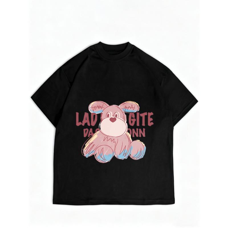 T-shirt Décontracté Femme Noir Imprimé Lapin Rose Mignon Dame Gite Das Dassonn T-shirt Graphique Coupe Ample Haut d'Été Vêtement Quotidien