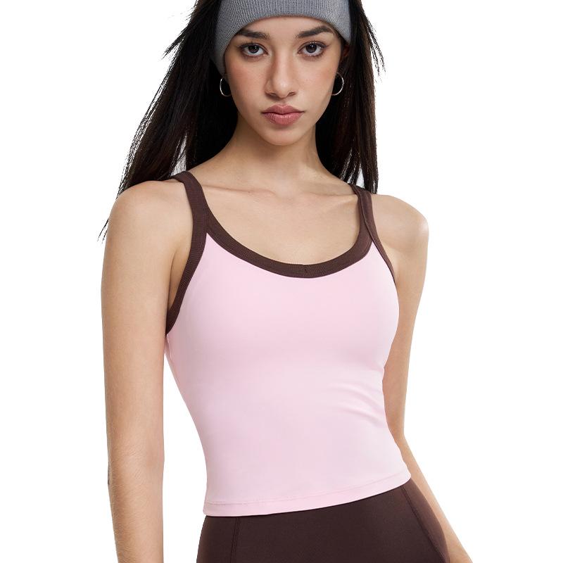 Women's Contrast Color Yoga Vest with Fixed Chest Pad - High-Strength Shockproof Sports Underwear.