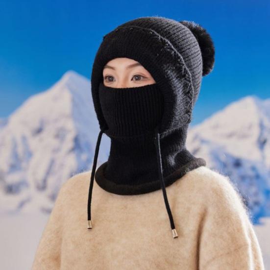 Women Windproof Knitted Hat with Fleece Lining 3-in-1 Hooded Scarf Cold Weather Skiing Hiking Headgear