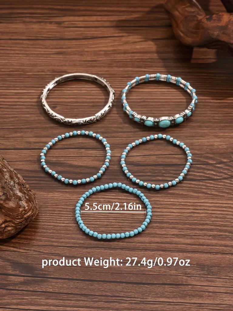 5pcs/Set Western Cowboy Style Faux Turquoise Series Fashion Stretch Beaded Bracelet Set, Suitable For Women Or Men For Daily Wear
