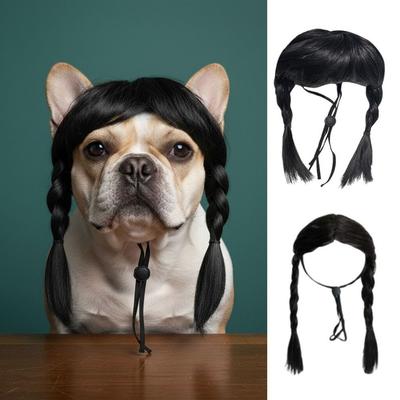 Black Double Ponytail Pet Hairpiece Funny High Temperature Fiber Pet Wig Elastic Strap Universal Animal Wig Festival Cosplay