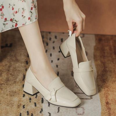 British Style Small Leather Shoes Women's 2024 Spring and Autumn New Versatile Medium Heel Professional Work High Heels Thick Heel Loafers