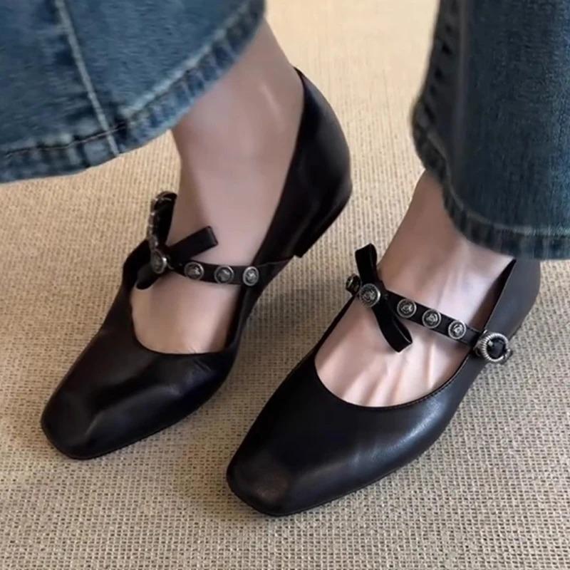 Fashion Vintage Metal Decoration Mary Jane Flats Women Bowknot Square Toe Dress Pumps Elegant Office Brand Designer Shoes Sandals