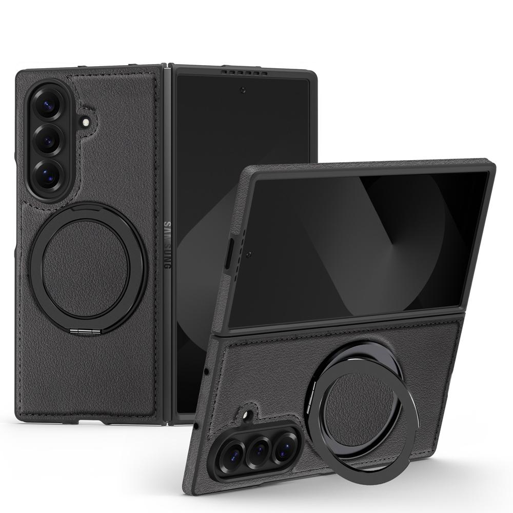 KEYSION 360° Rotating Magnetic Ring Stand PU Leather Case for MagSafe for Samsung Z Fold 7 5G Wireless Charging Phone Back Cover