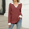 Women's Fashionable Lapel Long Sleeved Color Blocked Loose Casual Pullover Top