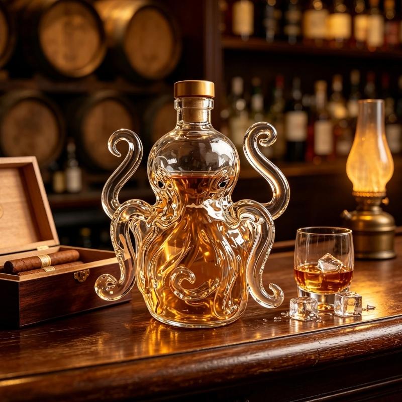 Cabinet Shelf Display Bottle in Clear Glass, 8-Footed Fish Whisky Vessel with Stopper for Vodka Bar Cart and Serving Corner