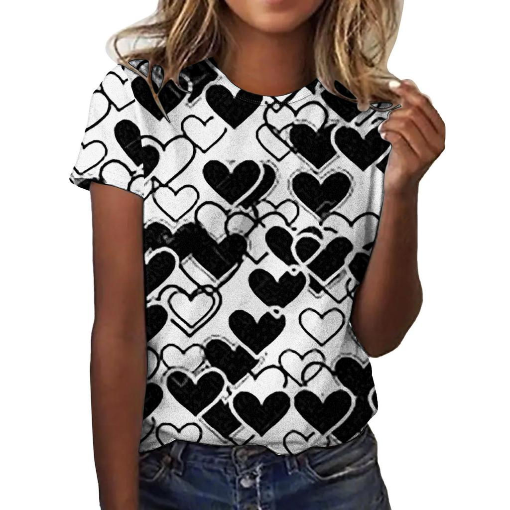 Summer Round Neck 3D Love Flower Print Top Fashionable Casual Short Sleeved Women's T-shirts
