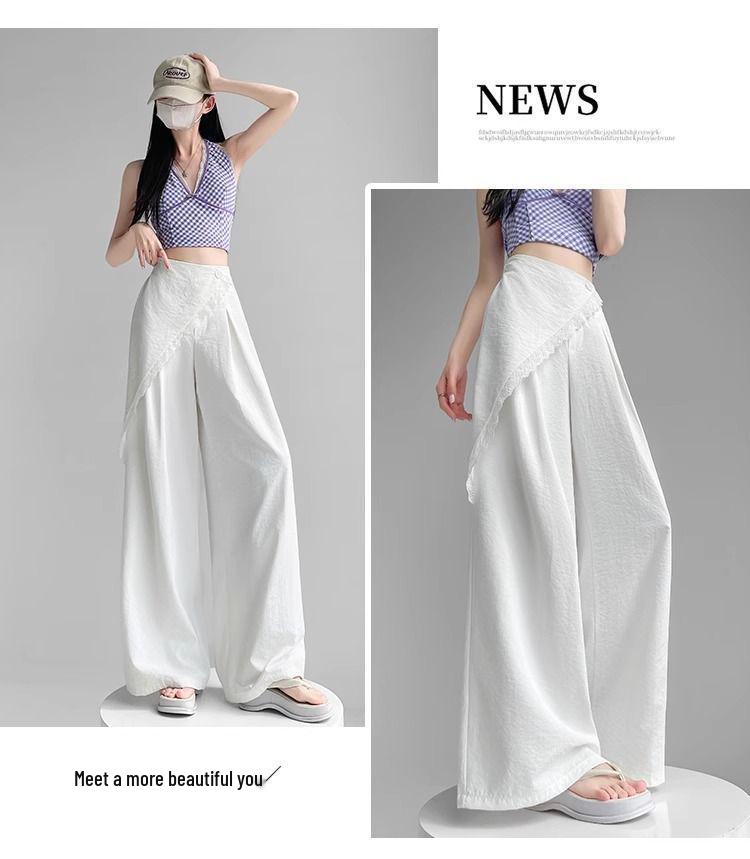 Women's White Lace Two-Piece Wide-Leg Pants with Crotch Cover - High-Waisted, Slimming, Draping, Floor-Length for Summer