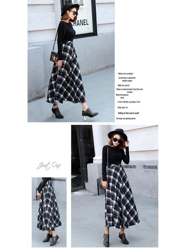 2025 Retro Preppy A-Linien Wollplaidrock - Hohe Taille, Mittellang für Herbst/Winter