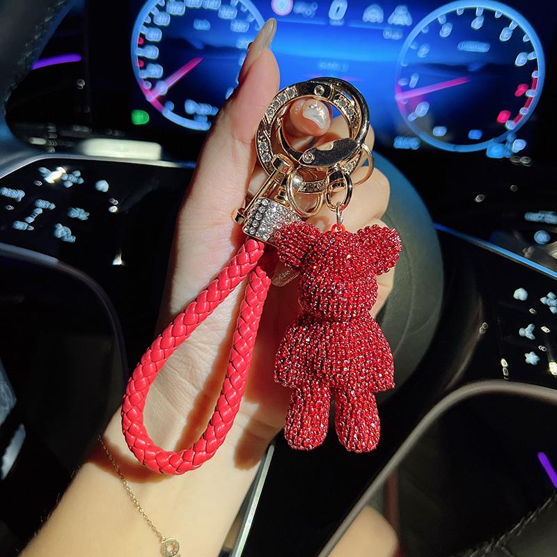 Fashionable Diamond Bear Car Keychain Creative with Rope Keychain Creative Bag Pendant Gift