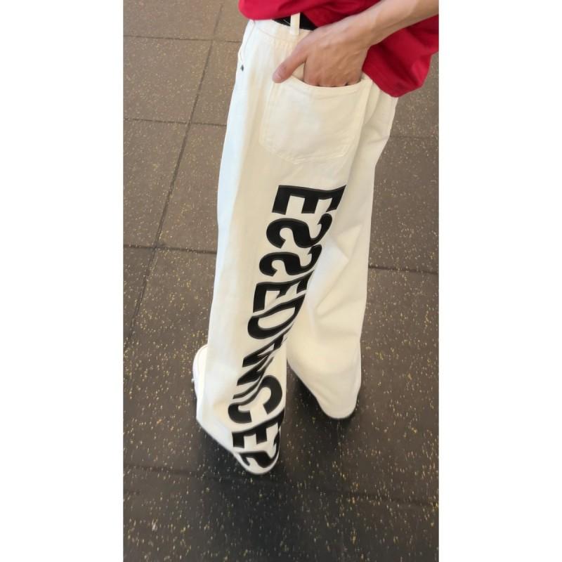 Mens White Wide Leg Jeans Letter Print High Waist Straight Pants American Streetwear Vibe