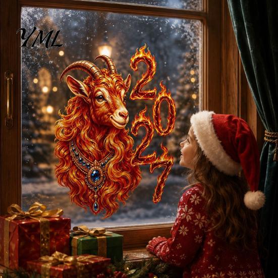 Red Sheep Head Pattern Clings Chinese New Year Window Stickers, 2027 Goat Static Clings, Reusable PVC Stickers Lunar Xmas Decor for Home Shop