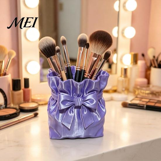 Powder Brush Holder Satin Bow Bag Makeup Holder, 3D Printed Beauty Tool Organizer Large Capacity for Desk, Bowknot Pouch Pencil Storage Container