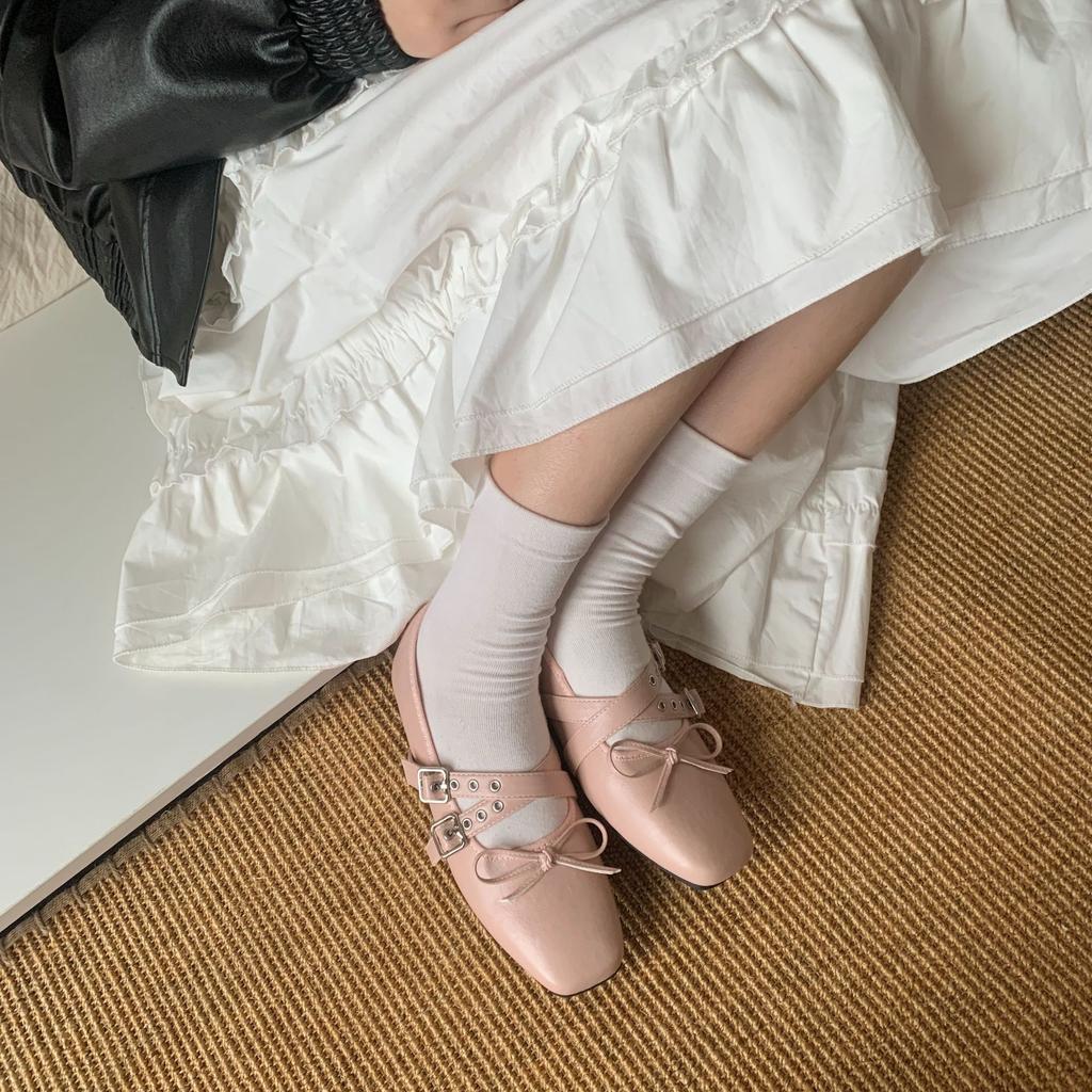 2025 spring and autumn new niche cross belt buckle sweet cool bow Mary Jane shoes inner height increase ballet single shoes women