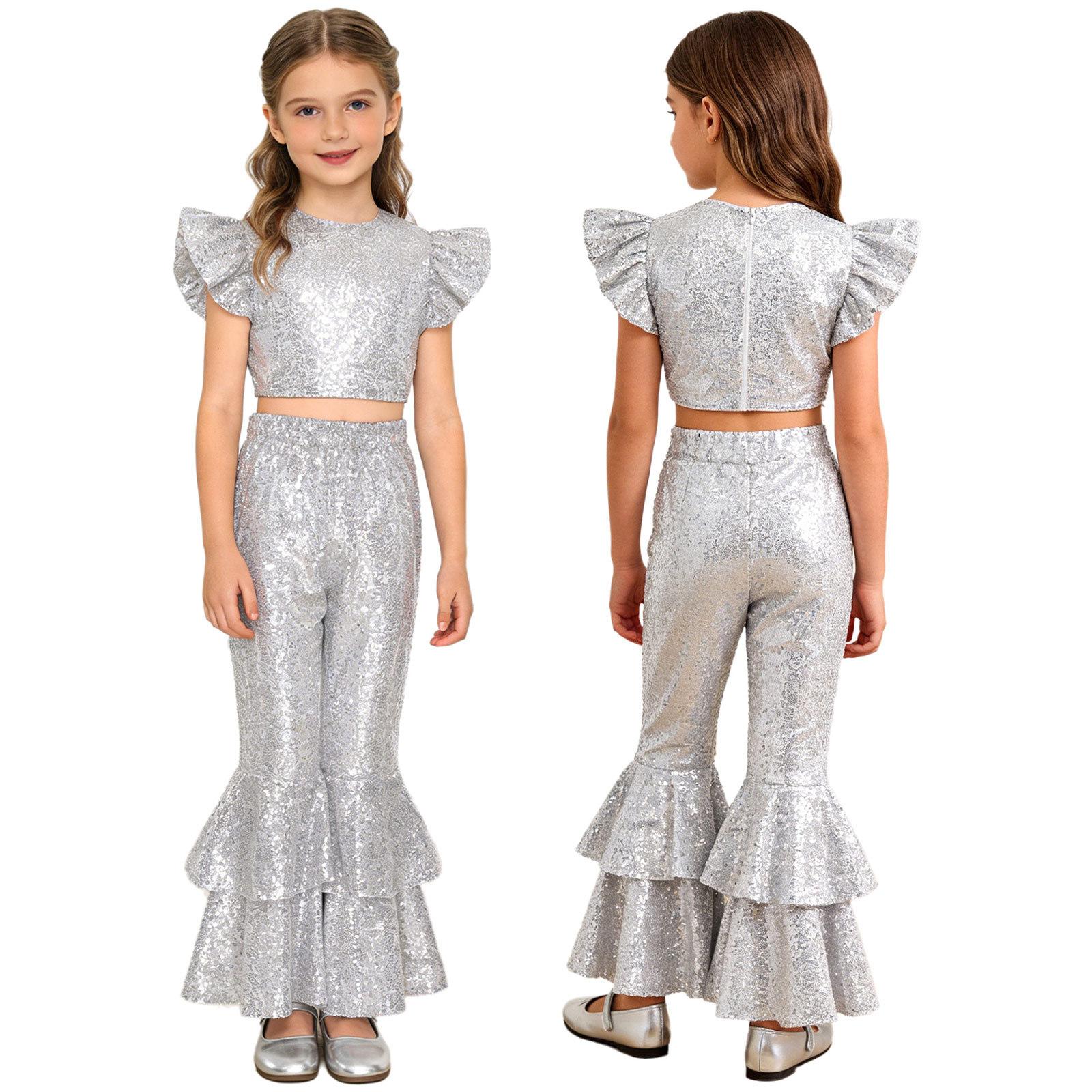 

Kids Sequin Crop Top with Ruffled Fly Sleeve Crew Neck and Tiered Flared Pants for Birthday Christmas Dance Performance 5-6 Years срібний