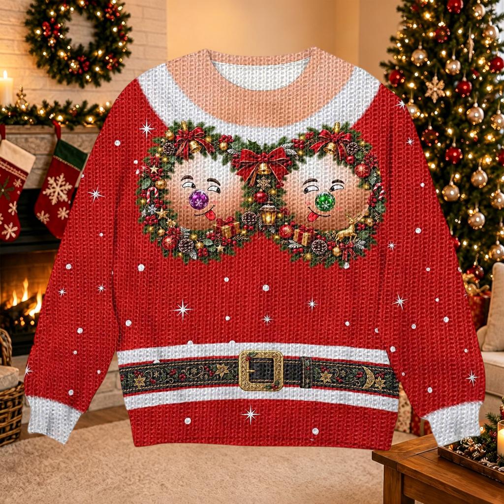 Women's Christmas Print Long Sleeve Crewneck Knit Sweater Casual Pullover