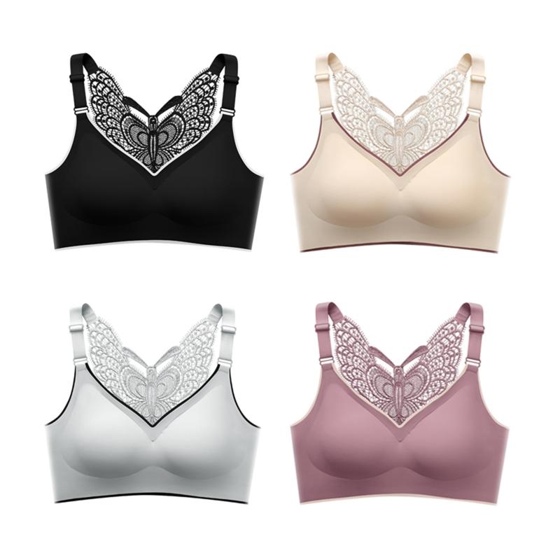 Women Elegant Seamless Gathering Bra Solid Color Smooth Butterfly Embroidery Beautiful Back Underwear 3D Soft Bra