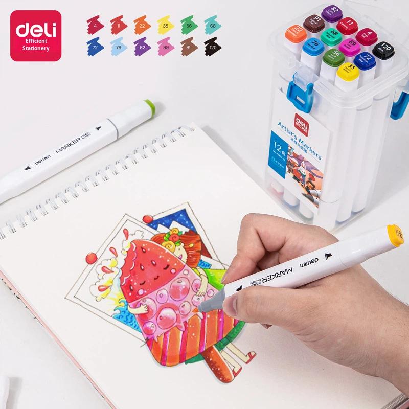 Deli 70816 Dual Tip Water-Based Marker Pen Graffiti Fiber Set for Student Children's Watercolor Drawing Plastic