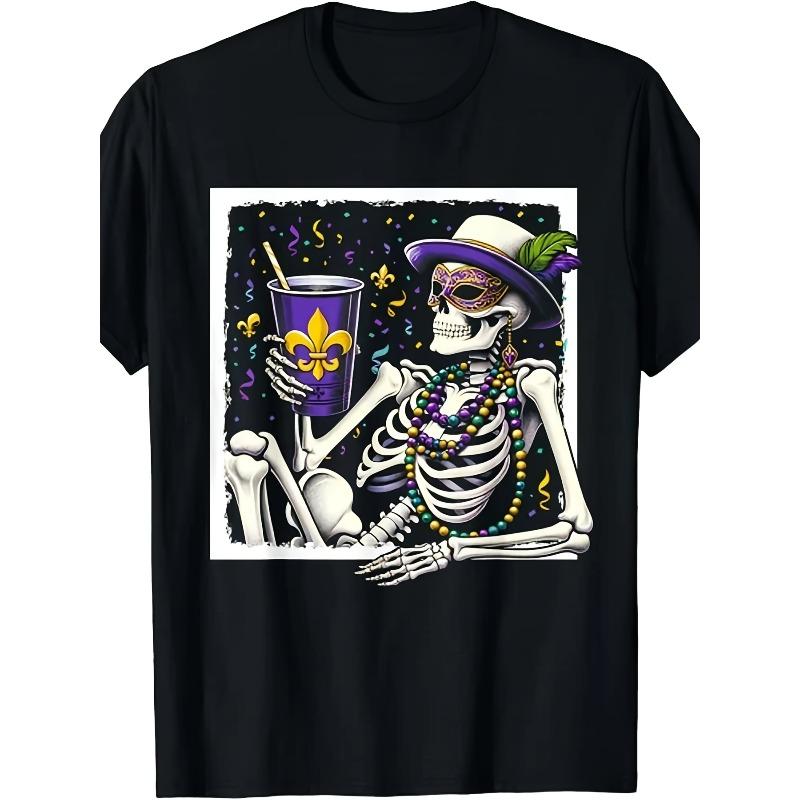 

European sizes Mardi Gras Skeleton Drinking Wine T-Shirt | Comfortable, Slight Stretch, Crew Neck, Regular Fit 4XL