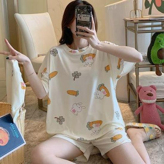 Women's Plus Size Summer Cartoon Pajama Set - Cute Donald Duck Short Sleeve Homewear