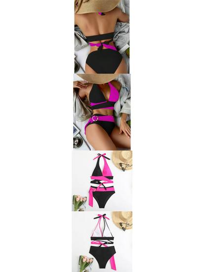 2025 Sexy Color Block Deep V Lace-Up Two-Piece Swimsuit
