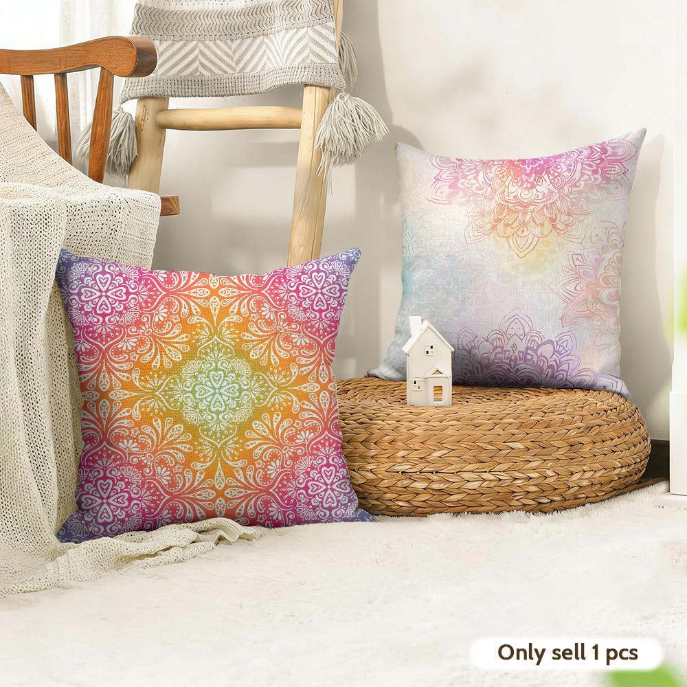 Colorful Floral Mandala Cushion Cover Natural Linen Organic Fabric DoubleSided Printing Couch Pillow Covers Home Decor