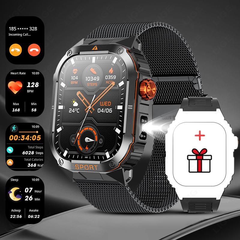 Military Flashlight Smart Watch Waterproof Heart Rate Fitness Sports Call Reminder Smartwatch For IOS Android Phone