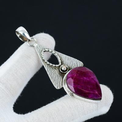 Kashmir Ruby Pendant, Ruby Lab Created Jewelry, Bohemian 925 Sterling Silver Jewelry, Handmade Pendant, Ruby Gemstone Unisex Pendant Jewelry