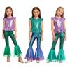 Costum Mermaid cu 2 Piese pentru Fete Paiete Mânecă Scurtă Fermoar Top cu Peplum Talie Elastică Pantaloni Evazați cu Volane Set