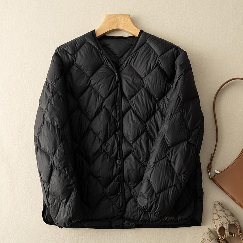 Autumn and winter women's clothing light and short V-neck rhombus casual down jacket white duck down lightweight jacket liner